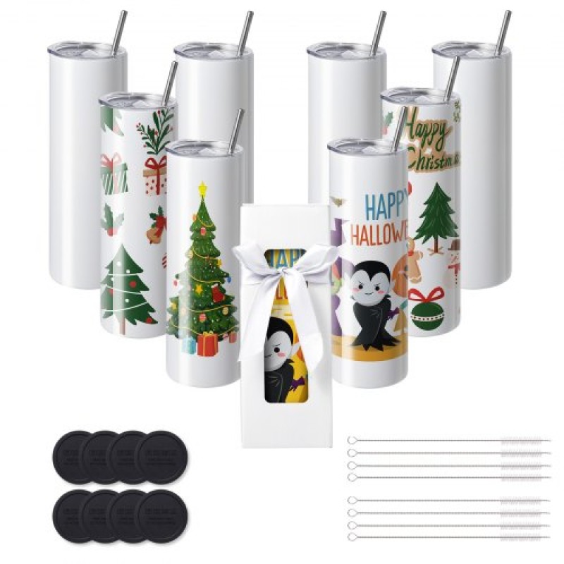 VEVOR 8 Pack Straight Sublimation Tumblers, 30 oz/850,5 g Blank Tumbler Bulk, από ανοξείδωτο χάλυβα διπλού τοιχώματος ποτηράκια με καλαμάκι, καπάκι, βούρτσα, βάση, συρρικνωμένο περιτύλιγμα, κουτί δώρου, για πρέσα θερμότητας και μεταφορά θερμότητας