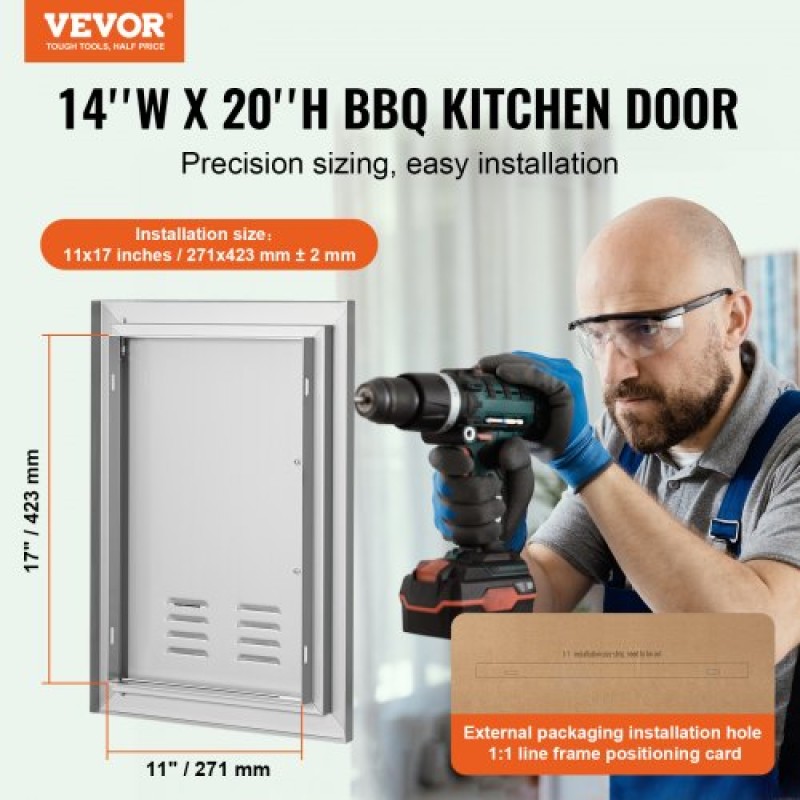 VEVOR BBQ Access Door, 356x508 mm Μονή εξωτερική πόρτα κουζίνας, από ανοξείδωτο ατσάλι, χωνευτή πόρτα, τοίχος κάθετη πόρτα με λαβή και αεραγωγούς, για BBQ Island, Ψητοπωλείο, Εξωτερικό ντουλάπι
