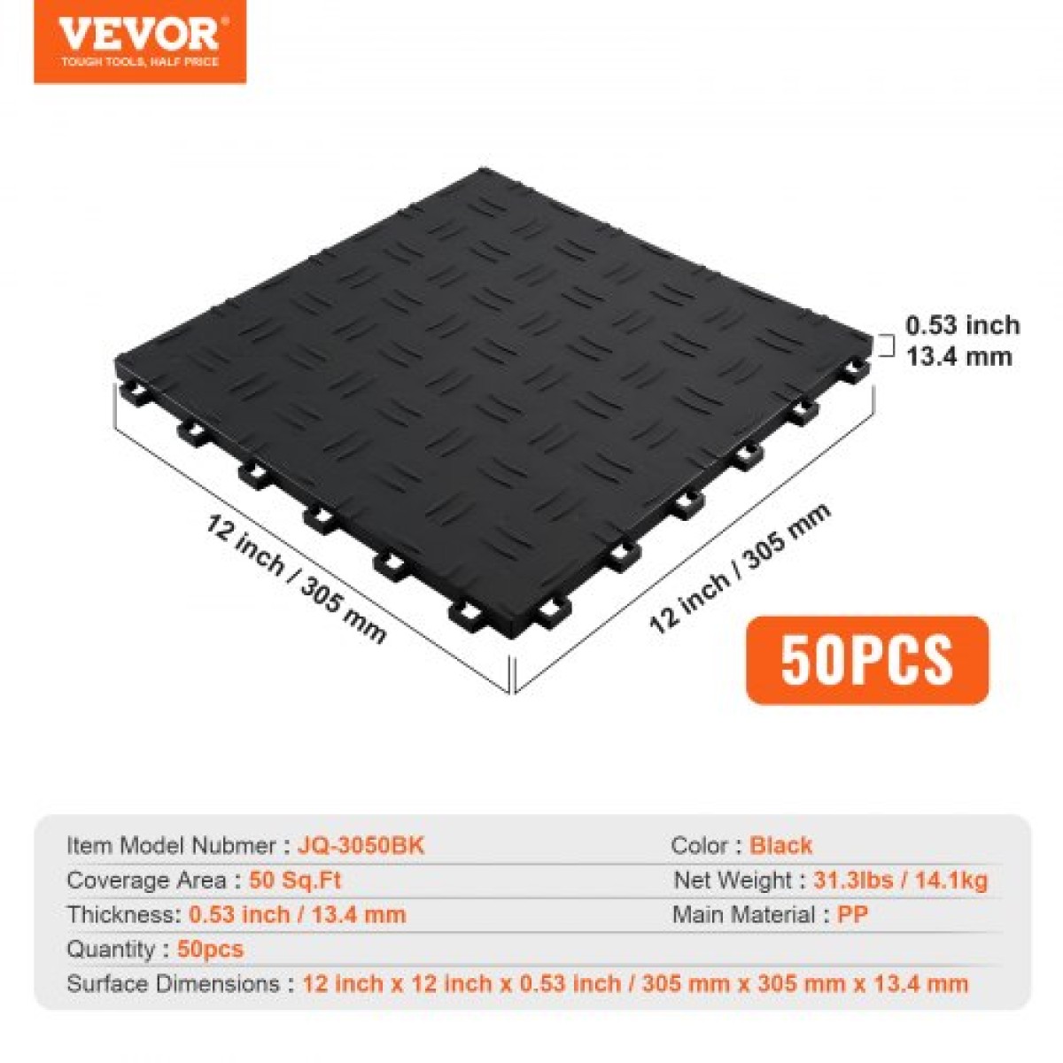 VEVOR Πλακάκια γκαράζ Interlocking, 12 x 12 x 0,53 ιντσών 50 Pack Πλακάκια δαπέδου γκαράζ, αντιολισθητικά πλακάκια δαπέδου γκαράζ διπλής όψης, για γκαράζ, υπόγεια, επισκευαστήρια, μαύρο