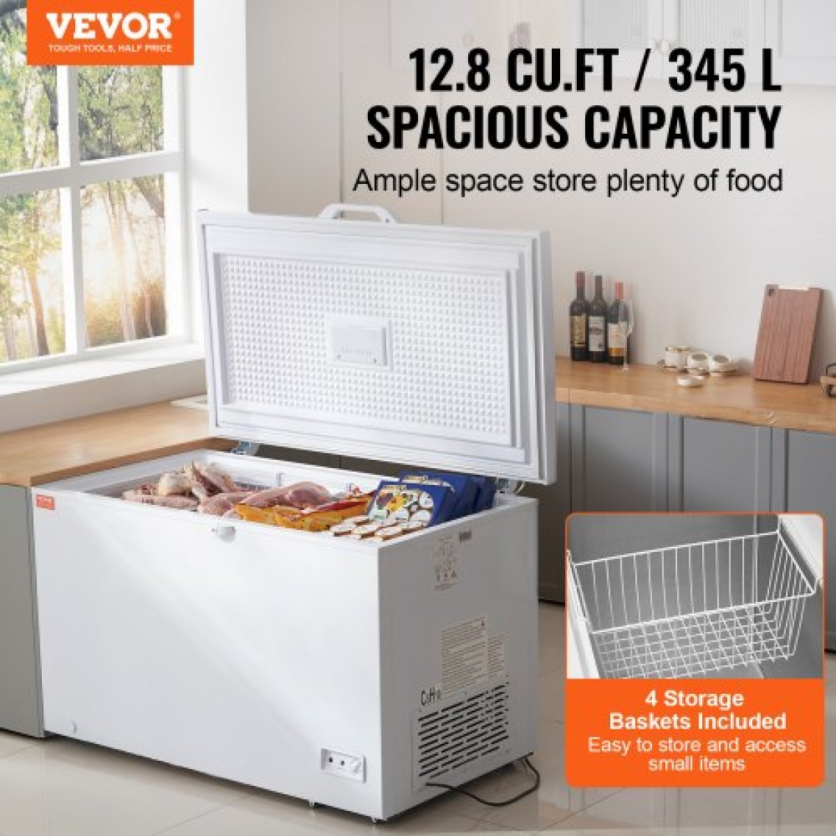 VEVOR Chest Freezer, 12,8 cu.ft / 345 L Μεγάλη κατάψυξη & 4 αφαιρούμενα καλάθια, Επαγγελματικοί καταψύκτες στο επάνω μέρος ανοιχτής πόρτας με ανοιγόμενη πόρτα με καπάκι κλειδώματος, ρυθμιζόμενη θερμοκρασία 7 επιπέδων, φωτισμός LED, 6 τροχοί
