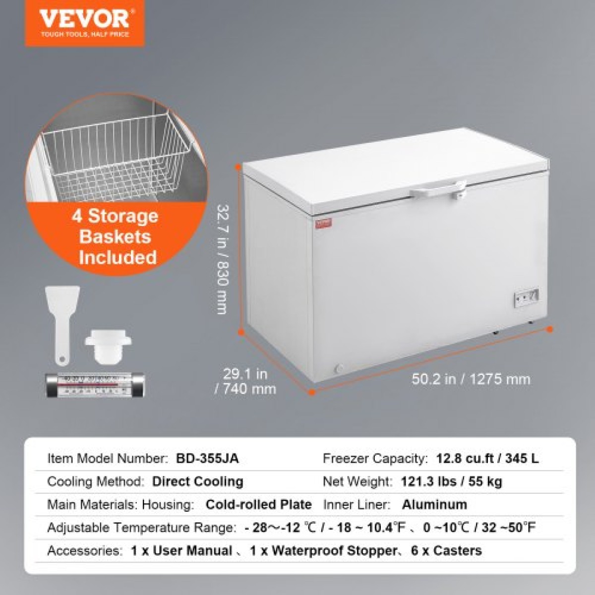 VEVOR Chest Freezer, 12,8 cu.ft / 345 L Μεγάλη κατάψυξη & 4 αφαιρούμενα καλάθια, Επαγγελματικοί καταψύκτες στο επάνω μέρος ανοιχτής πόρτας με ανοιγόμενη πόρτα με καπάκι κλειδώματος, ρυθμιζόμενη θερμοκρασία 7 επιπέδων, φωτισμός LED, 6 τροχοί