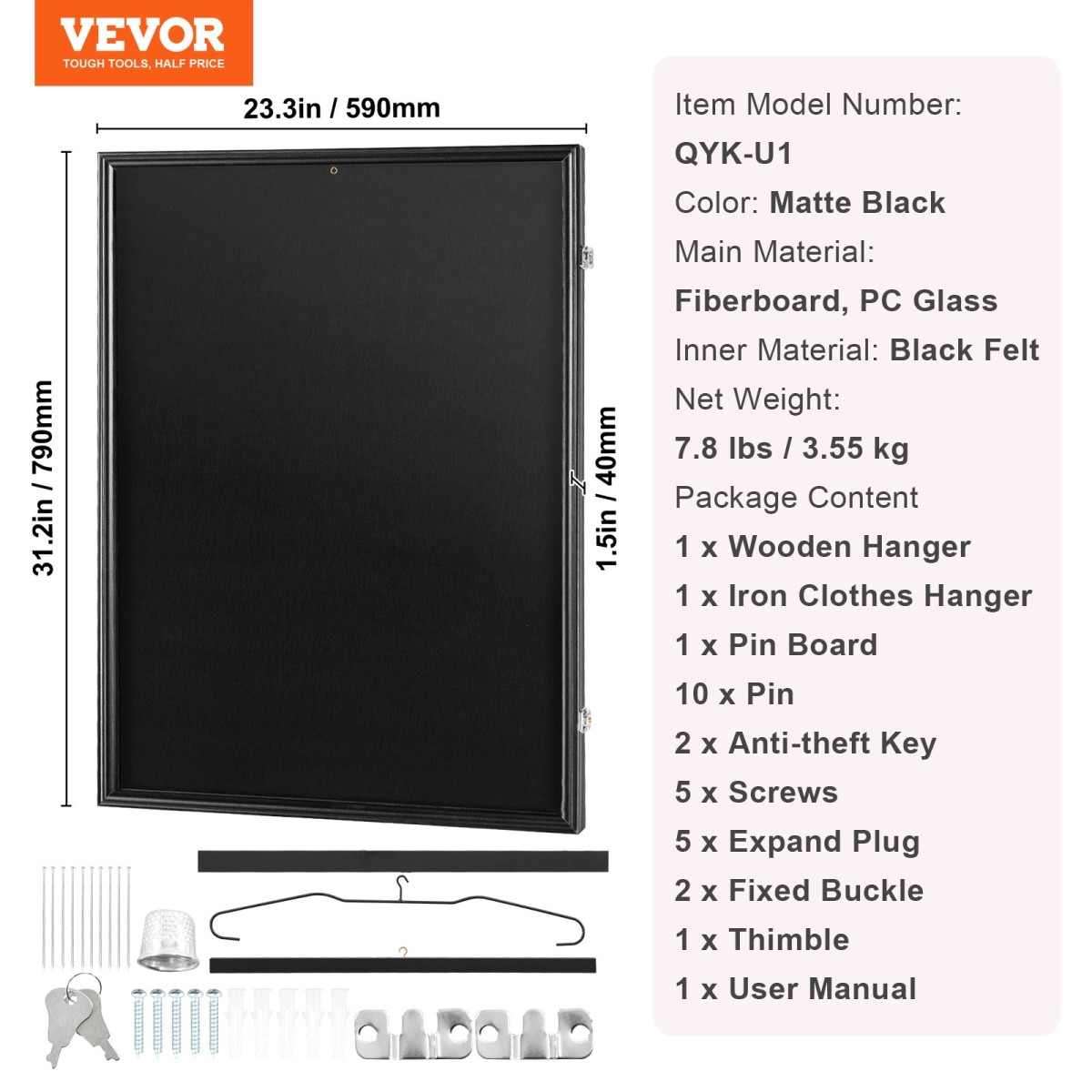 Θήκη πλαισίου οθόνης VEVOR Jersey, 590 x 790 x 40 mm (23,3 x 31,2 x 1,5 ίντσες), Μεγάλο Sport Jersey Shadow Box με 98% προστασία από υπεριώδη ακτινοβολία για υπολογιστή και κρεμάστρες, για μπλούζα και στολή για μπάσκετ μπάσκετ ποδοσφαίρου χόκεϊ