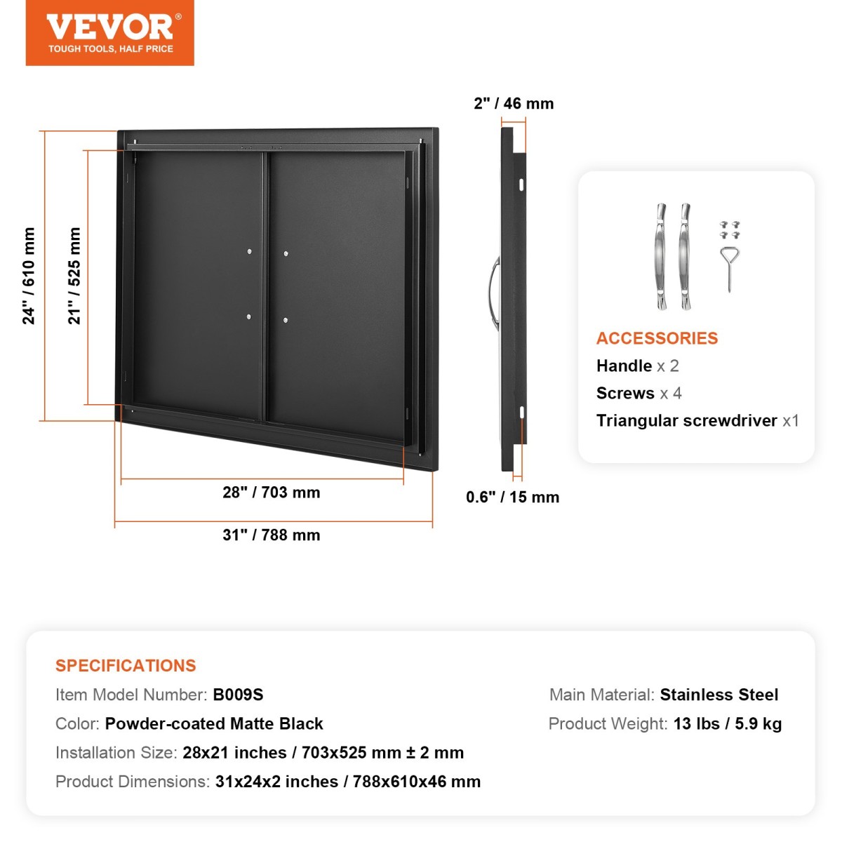 VEVOR BBQ Access Door, 788x610 mm Διπλή Πόρτα Εξωτερικής Κουζίνας, Πόρτα Ψυχρής Πλάτας Flush Mount, Επιτοίχια Κατακόρυφη Πόρτα με χερούλια, για BBQ Island, Ψητοπωλείο, Εξωτερικό ντουλάπι
