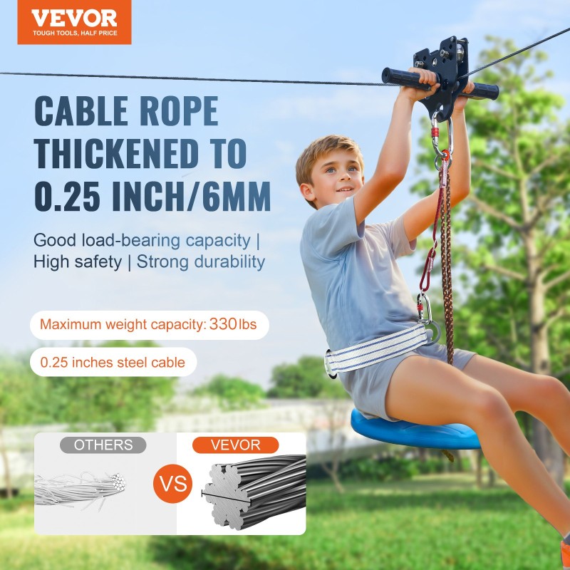 Κιτ Zipline VEVOR για παιδιά και ενήλικες, κιτ φερμουάρ 48,77 m έως 226,8 κιλά, φερμουάρ Γρήγορης εγκατάστασης σε εξωτερικό χώρο πίσω αυλή, Ψυχαγωγία παιδικής χαράς με φερμουάρ από ανοξείδωτο χάλυβα, φρένο ελατηρίου, ζώνη ασφαλείας, κάθισμα