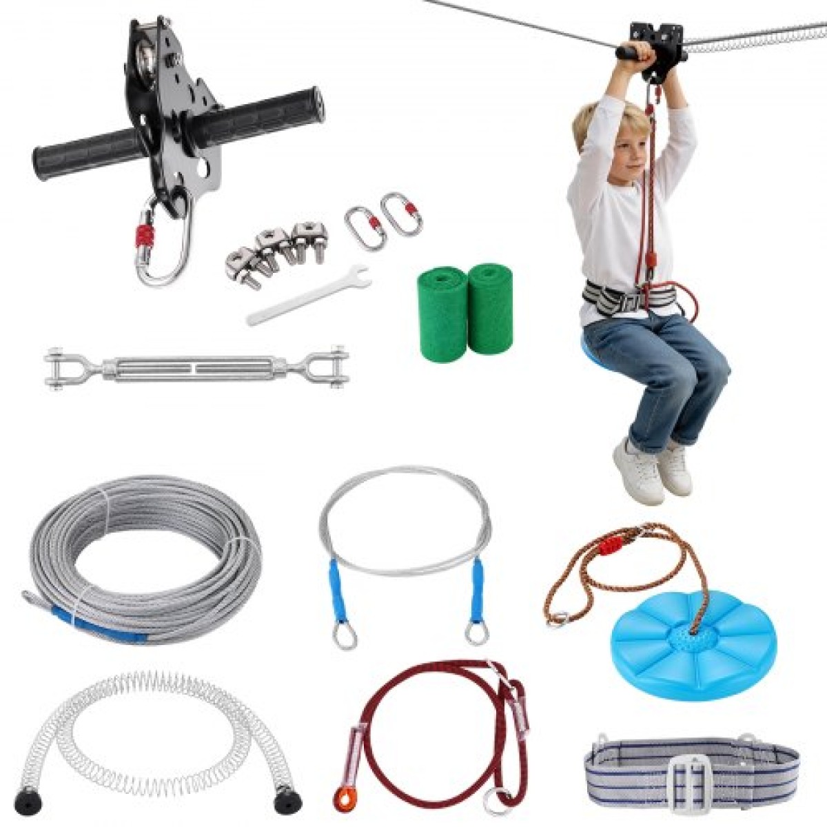 Κιτ Zipline VEVOR για παιδιά και ενήλικες, κιτ φερμουάρ 48,77 m έως 226,8 κιλά, φερμουάρ Γρήγορης εγκατάστασης σε εξωτερικό χώρο πίσω αυλή, Ψυχαγωγία παιδικής χαράς με φερμουάρ από ανοξείδωτο χάλυβα, φρένο ελατηρίου, ζώνη ασφαλείας, κάθισμα