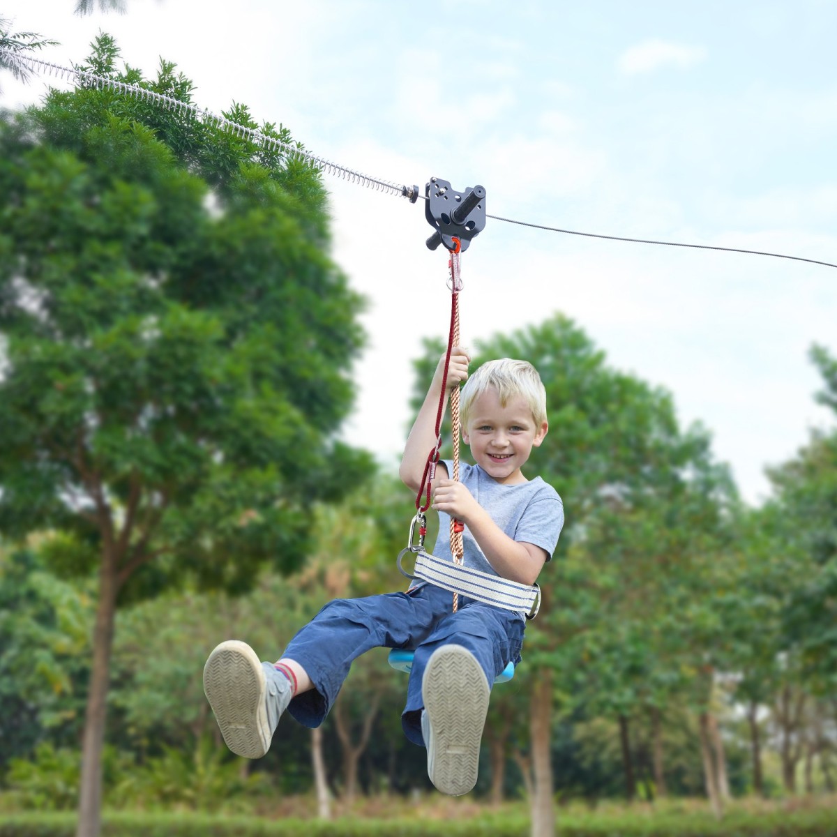 Κιτ Zipline VEVOR για παιδιά και ενήλικες, κιτ φερμουάρ 48,77 m έως 226,8 κιλά, φερμουάρ Γρήγορης εγκατάστασης σε εξωτερικό χώρο πίσω αυλή, Ψυχαγωγία παιδικής χαράς με φερμουάρ από ανοξείδωτο χάλυβα, φρένο ελατηρίου, ζώνη ασφαλείας, κάθισμα