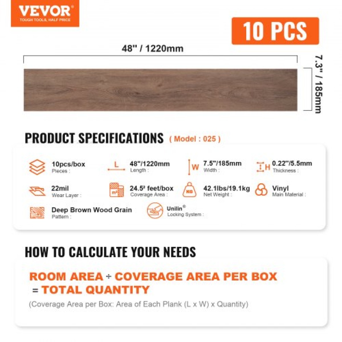 VEVOR Πλακάκια δαπέδου Interlocking Vinyl 1220 X 185 mm, 10 πλακάκια πάχους 5,5 mm που κουμπώνουν μαζί, DIY δάπεδο με κόκκους ξύλου βαθύ καφέ για κουζίνα, τραπεζαρία, υπνοδωμάτια και μπάνια, Εύκολη διακόσμηση σπιτιού