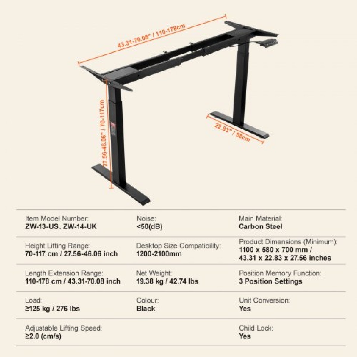 VEVOR Electric Standing Πλαίσιο Διπλού κινητήρα Ρυθμιζόμενο 70-117 cm Υ Μαύρο