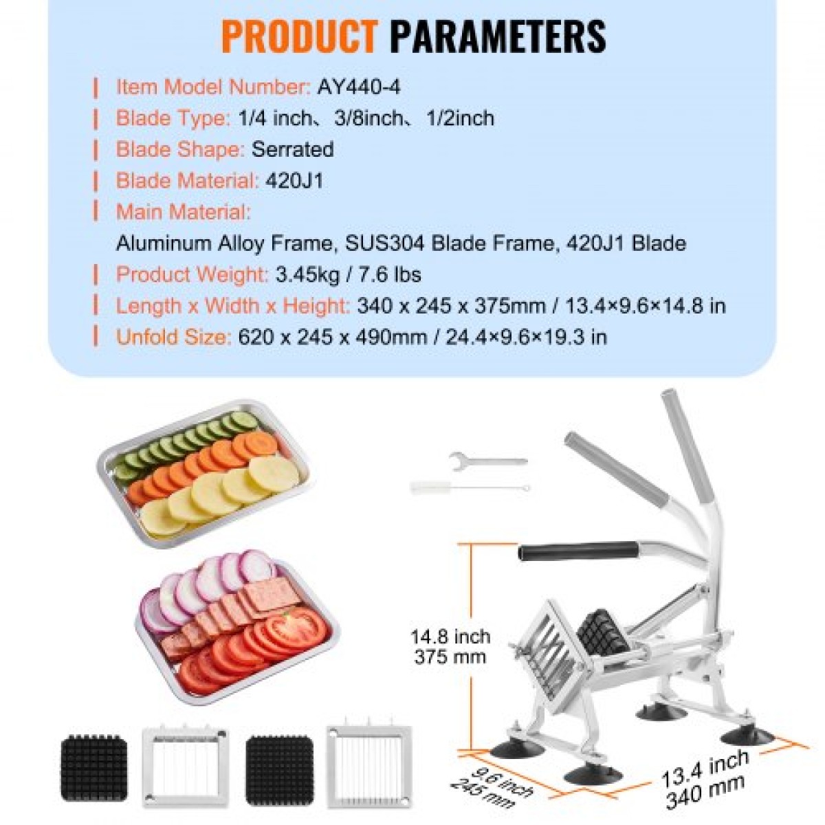 VEVOR Εμπορικός τεμαχιστής λαχανικών, 1/4"+3/8"+1/2" Κόφτης φρούτων, Κόφτης λαχανικών από ανοξείδωτο ατσάλι και κράμα αλουμινίου Μηχάνημα κοπής λαχανικών, Χειροκίνητος τεμαχιστής με αντιολισθητικά πόδια, για ραπανάκια, κρεμμύδια, πατάτες