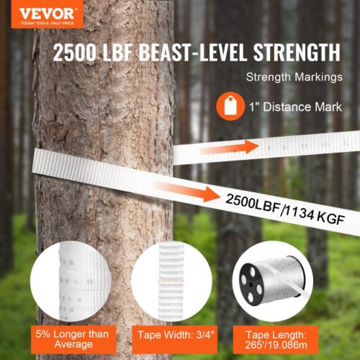 VEVOR Πολυεστερική ταινία έλξης, 3/4" x 265' Mule Tape Επίπεδο σχοινί, 2500 lbf εφελκυστική ικανότητα, τυπωμένη ταινία έλξης καλωδίου με πλέγμα για συσκευασία, κηπουρική, επαγγελματικά ηλεκτρικά, εργασίες αγωγών, λευκό