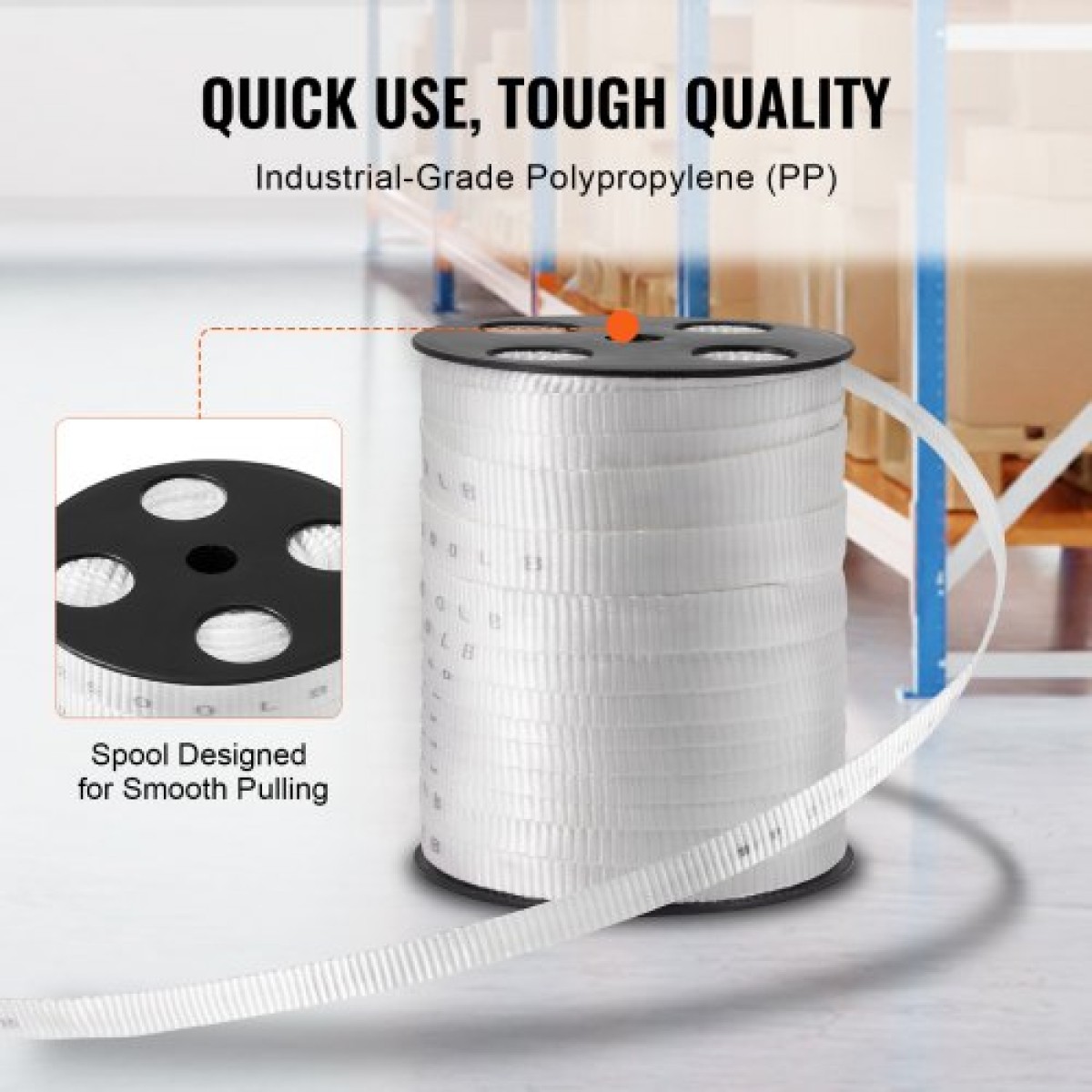 VEVOR Πολυεστερική ταινία έλξης, 3/4" x 265' Mule Tape Επίπεδο σχοινί, 2500 lbf εφελκυστική ικανότητα, τυπωμένη ταινία έλξης καλωδίου με πλέγμα για συσκευασία, κηπουρική, επαγγελματικά ηλεκτρικά, εργασίες αγωγών, λευκό