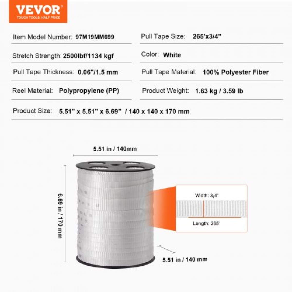 VEVOR Πολυεστερική ταινία έλξης, 3/4" x 265' Mule Tape Επίπεδο σχοινί, 2500 lbf εφελκυστική ικανότητα, τυπωμένη ταινία έλξης καλωδίου με πλέγμα για συσκευασία, κηπουρική, επαγγελματικά ηλεκτρικά, εργασίες αγωγών, λευκό