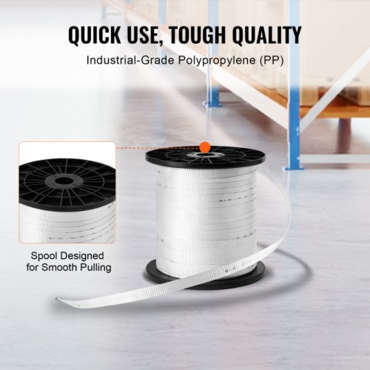 VEVOR Πολυεστερική ταινία έλξης, 3/4" x 318' Mule Tape Επίπεδο σχοινί, 2500 lbf εφελκυστική ικανότητα, τυπωμένη ταινία έλξης καλωδίου με πλέγμα για συσκευασία, κηπουρική, εμπορικά ηλεκτρικά είδη, εργασίες αγωγών, λευκό