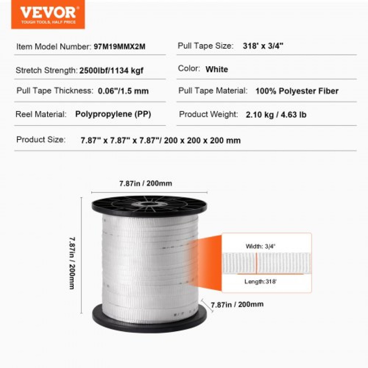 VEVOR Πολυεστερική ταινία έλξης, 3/4" x 318' Mule Tape Επίπεδο σχοινί, 2500 lbf εφελκυστική ικανότητα, τυπωμένη ταινία έλξης καλωδίου με πλέγμα για συσκευασία, κηπουρική, εμπορικά ηλεκτρικά είδη, εργασίες αγωγών, λευκό