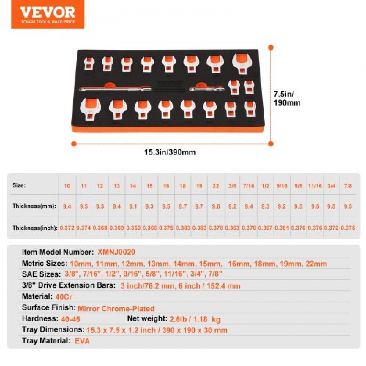 VEVOR Crowfoot Wrench Set, 3/8" Drive 20-Piece Crows Foot Wrench Set with 2 Extension Bars and EVA Tool Organizer, SAE 3/8"-7/8" and Metric 10-22 mm, 40CR Material with Mirror Chrome Finish