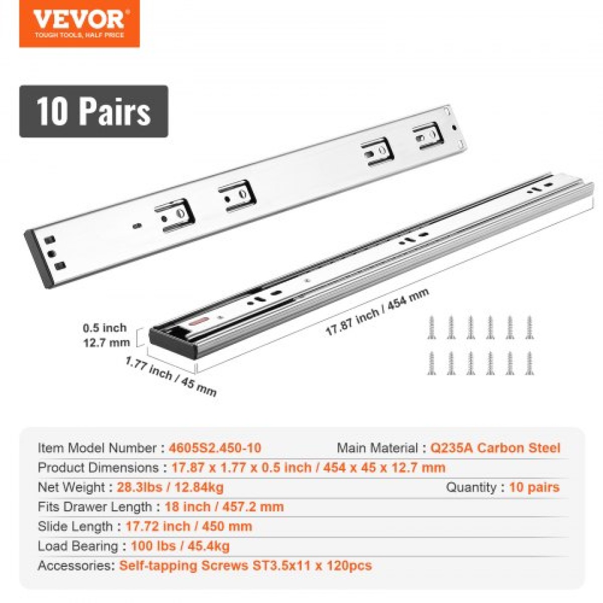 VEVOR 10 ζεύγη 457,2 χιλιοστών συρταριών συρταριών πλαϊνής βάσης, βαρέως τύπου χαλύβδινη ράγα πλήρους επέκτασης, Soft-close Noiseless Guide Glides Ντουλάπα κουζίνας με ρουλεμάν, χωρητικότητα φορτίου 100 λίβρες