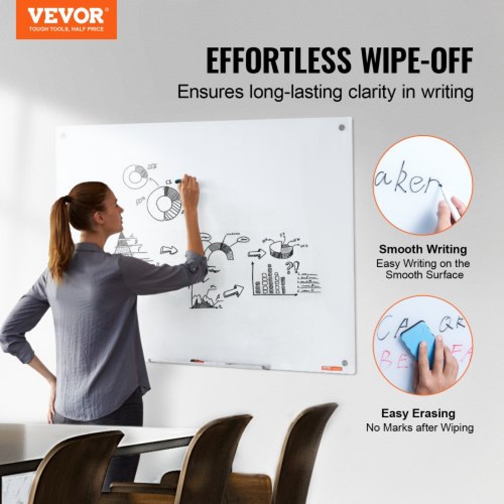 Λευκός πίνακας VEVOR Magnetic Glass, Dry Erase Board 1200 x 800 mm, Επιτοίχιος μεγάλος λευκός γυάλινος πίνακας χωρίς πλαίσιο, με δίσκο μαρκαδόρου, γόμα και 2 μαρκαδόρους, λευκό