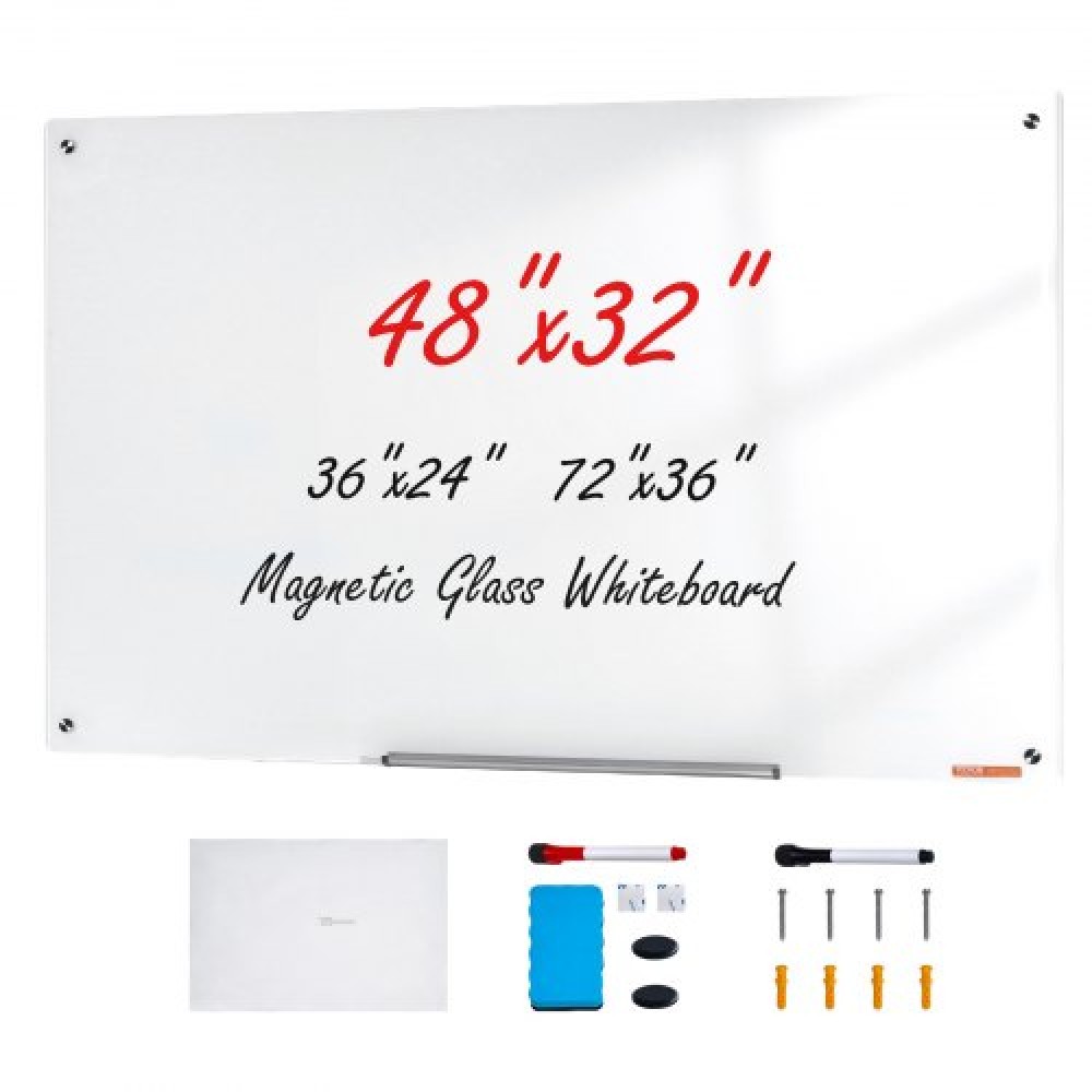 Λευκός πίνακας VEVOR Magnetic Glass, Dry Erase Board 1200 x 800 mm, Επιτοίχιος μεγάλος λευκός γυάλινος πίνακας χωρίς πλαίσιο, με δίσκο μαρκαδόρου, γόμα και 2 μαρκαδόρους, λευκό