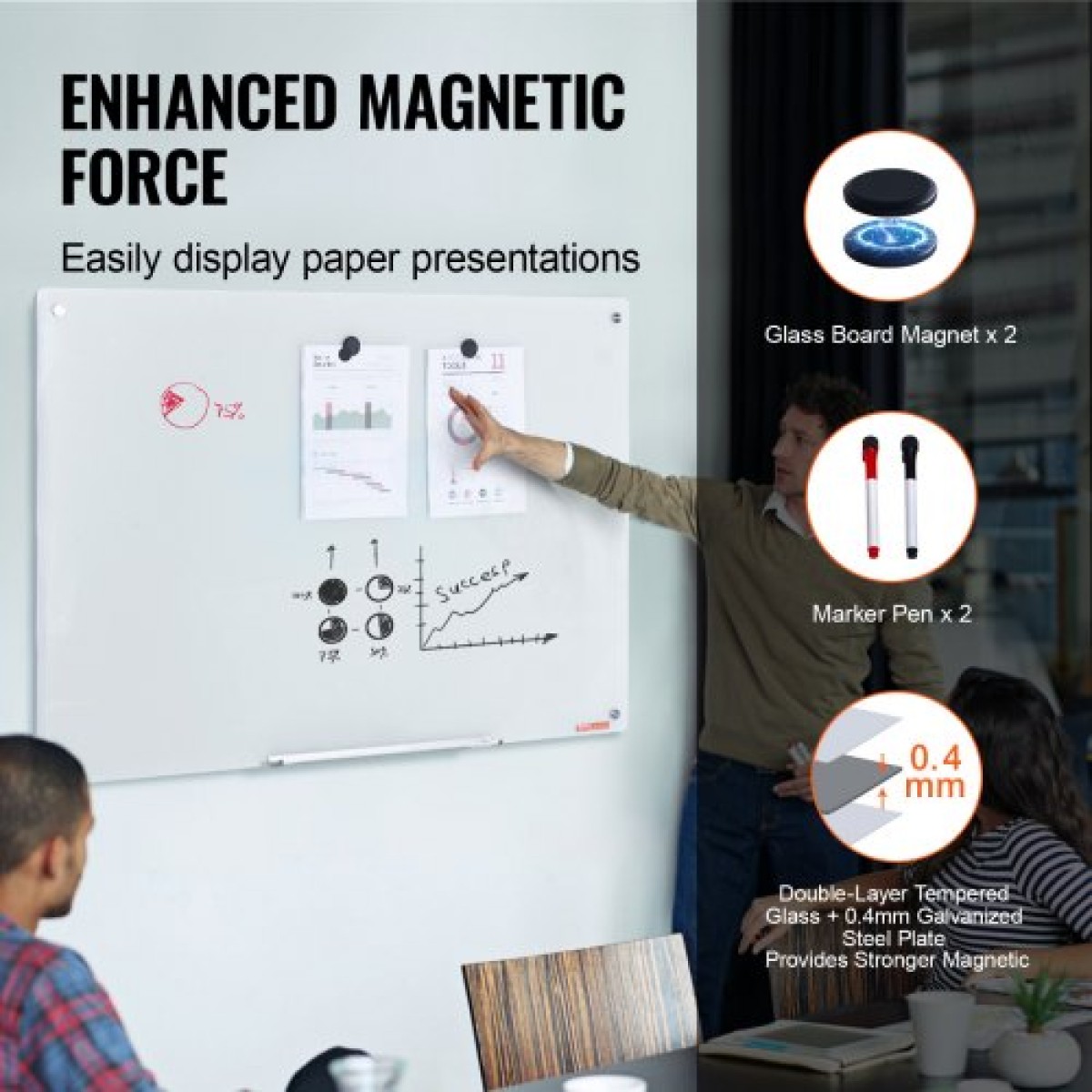 Λευκός πίνακας VEVOR Magnetic Glass, Dry Erase Board 1200 x 800 mm, Επιτοίχιος μεγάλος λευκός γυάλινος πίνακας χωρίς πλαίσιο, με δίσκο μαρκαδόρου, γόμα και 2 μαρκαδόρους, λευκό