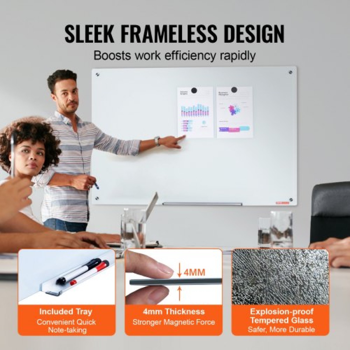 Λευκός πίνακας VEVOR Magnetic Glass, Dry Erase Board 1200 x 800 mm, Επιτοίχιος μεγάλος λευκός γυάλινος πίνακας χωρίς πλαίσιο, με δίσκο μαρκαδόρου, γόμα και 2 μαρκαδόρους, λευκό