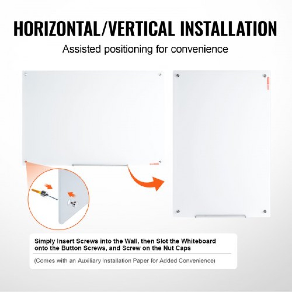 Λευκός πίνακας VEVOR Magnetic Glass, Dry Erase Board 1200 x 800 mm, Επιτοίχιος μεγάλος λευκός γυάλινος πίνακας χωρίς πλαίσιο, με δίσκο μαρκαδόρου, γόμα και 2 μαρκαδόρους, λευκό
