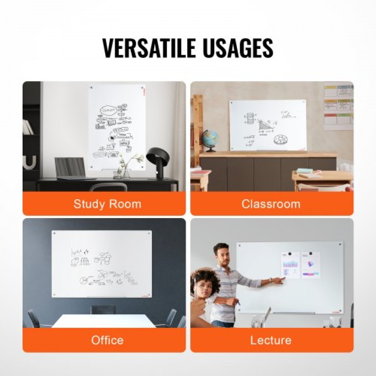 Λευκός πίνακας VEVOR Magnetic Glass, Dry Erase Board 1200 x 800 mm, Επιτοίχιος μεγάλος λευκός γυάλινος πίνακας χωρίς πλαίσιο, με δίσκο μαρκαδόρου, γόμα και 2 μαρκαδόρους, λευκό