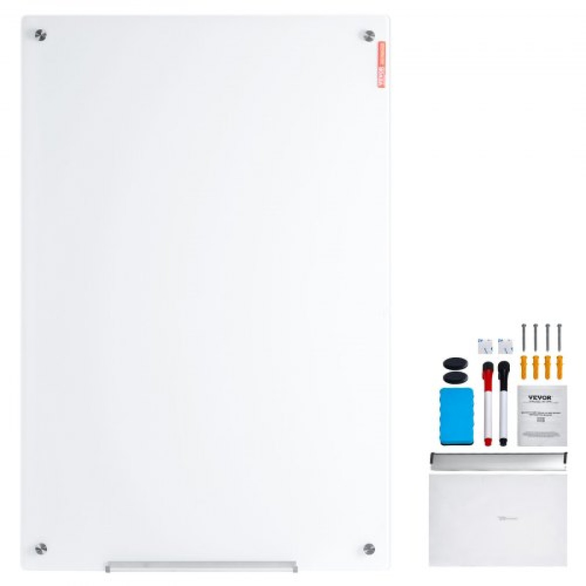 Λευκός πίνακας VEVOR Magnetic Glass, Dry Erase Board 1200 x 800 mm, Επιτοίχιος μεγάλος λευκός γυάλινος πίνακας χωρίς πλαίσιο, με δίσκο μαρκαδόρου, γόμα και 2 μαρκαδόρους, λευκό