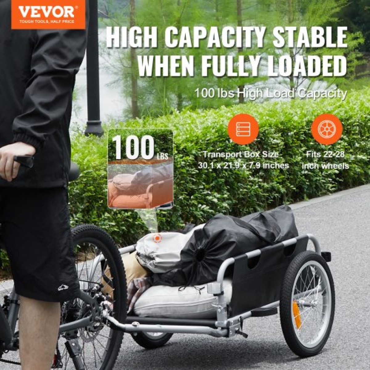 VEVOR Bike Cargo Trailer, χωρητικότητα 100 lbs, βαρέως τύπου καρότσι ποδηλάτου, αναδιπλούμενο συμπαγές χώρο αποθήκευσης & γρήγορη απελευθέρωση με γενικό κοτσαδόρο, τροχοί 16", ασφαλείς ανακλαστήρες, χωράει σε τροχούς ποδηλάτου 22"-28"