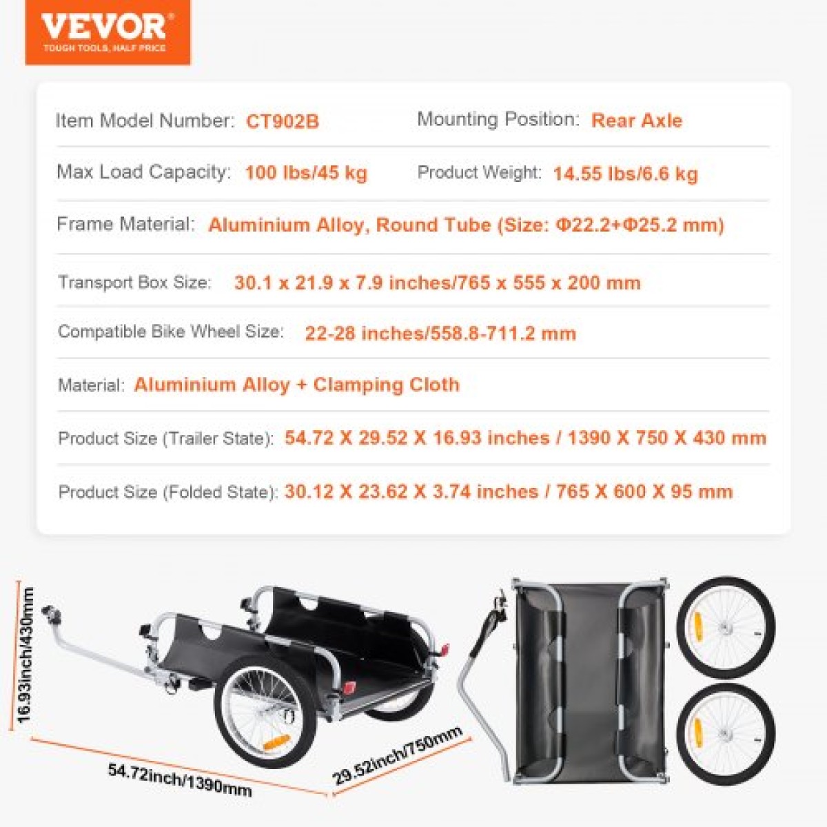 VEVOR Bike Cargo Trailer, χωρητικότητα 100 lbs, βαρέως τύπου καρότσι ποδηλάτου, αναδιπλούμενο συμπαγές χώρο αποθήκευσης & γρήγορη απελευθέρωση με γενικό κοτσαδόρο, τροχοί 16", ασφαλείς ανακλαστήρες, χωράει σε τροχούς ποδηλάτου 22"-28"