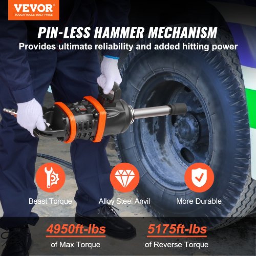VEVOR 1 Inch Air Impact Wrench, Up to 5175 ft-lbs Beast Reverse Torque Output Pneumatic Impact Gun w/ 8 Inch Extended Anvil for Repairs and Maintenance of Heavy Duty Machinery / Semi-Truck / Bus