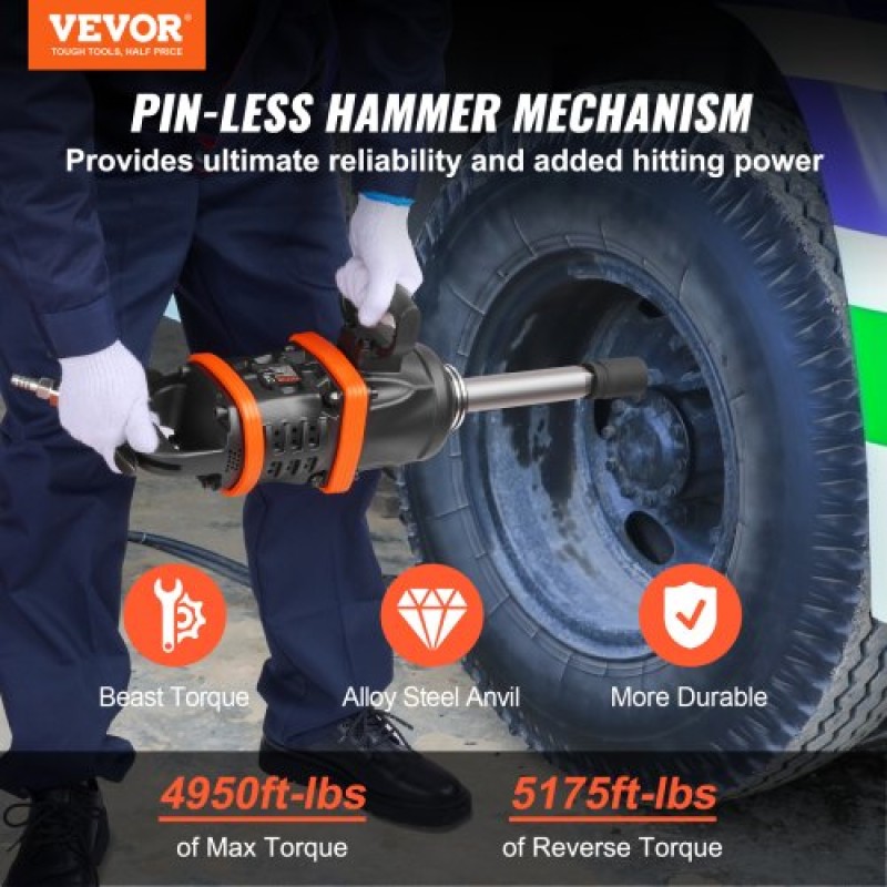 VEVOR 2,5 cm Αεροκλειδί κρούσης, Έως 7016,37 N·m Beast Reverse Torque Output Pneumatic Impact Gun w/ 20cm Extended Anvil για επισκευές και συντήρηση μηχανημάτων βαρέως τύπου / Ημιφορτηγού / Λεωφορείου