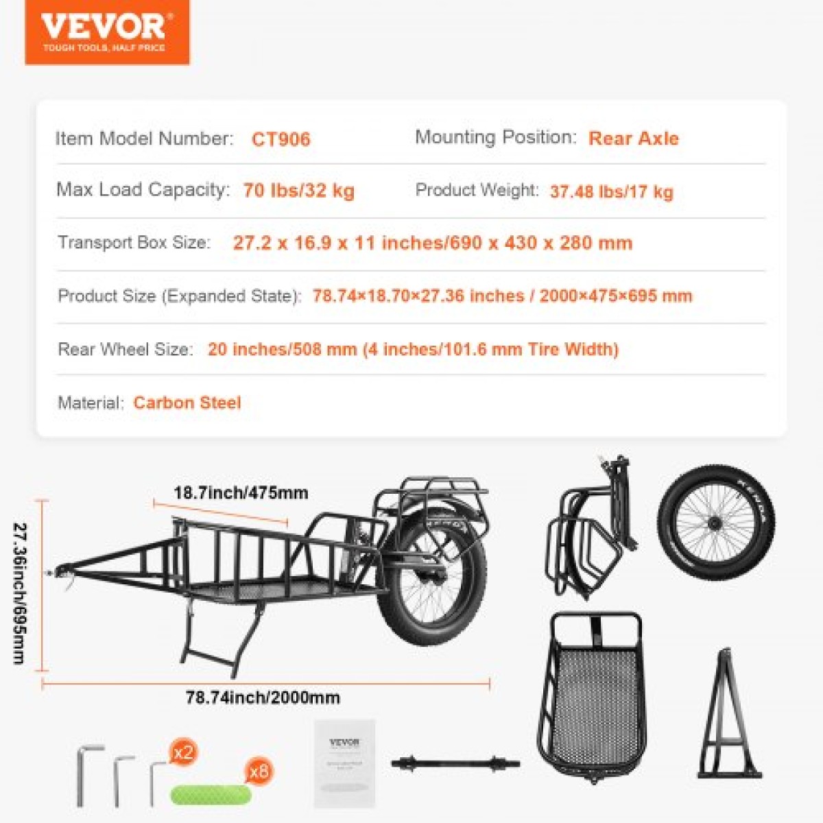 VEVOR Bike Cargo Trailer, χωρητικότητα 70 lbs, βαρέως τύπου καρότσι ποδηλάτου, συμπαγής αποθήκευση & δομή γρήγορης απελευθέρωσης με γενικό κοτσαδόρο, τροχοί 20", ταιριάζει στους περισσότερους τροχούς ποδηλάτου, πλαίσιο από ανθρακούχο χάλυβα
