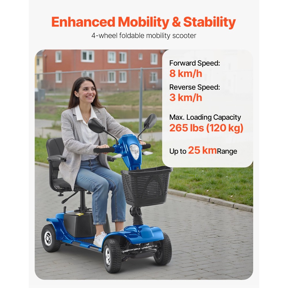 VEVOR 4-Wheel Folding Mobility Scooter για Ενήλικες & Ηλικιωμένους, Electric Mobility Scooter με 25KM Long Ran, Αναπηρικό αμαξίδιο ταξιδιού με αντιολισθητικούς τροχούς, ικανότητα αναρρίχησης 9° & φόρτωση 120kg