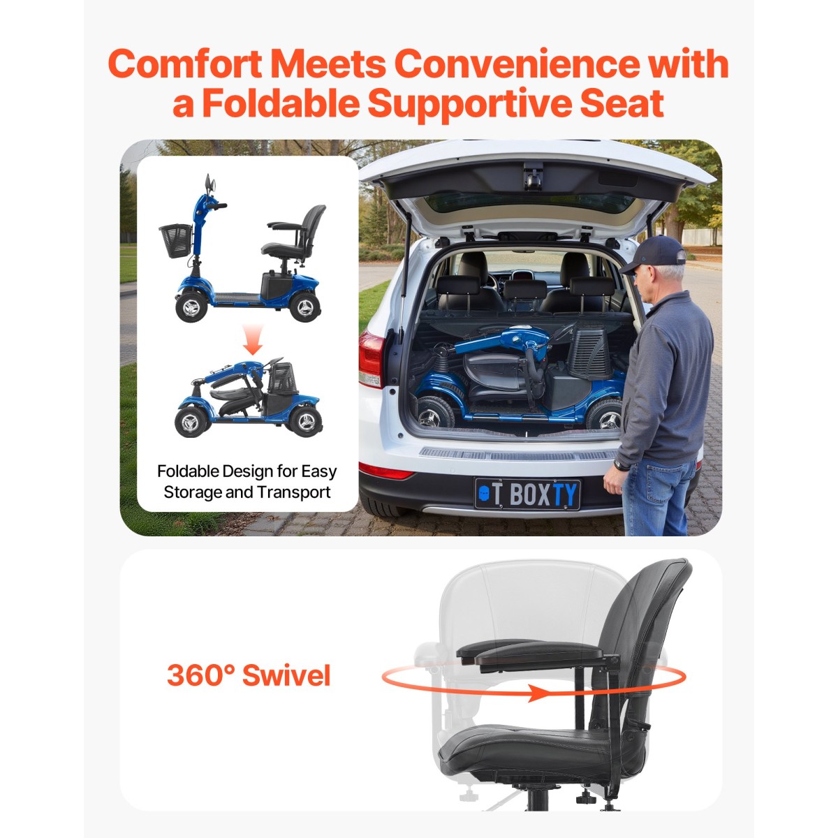 VEVOR 4-Wheel Folding Mobility Scooter για Ενήλικες & Ηλικιωμένους, Electric Mobility Scooter με 25KM Long Ran, Αναπηρικό αμαξίδιο ταξιδιού με αντιολισθητικούς τροχούς, ικανότητα αναρρίχησης 9° & φόρτωση 120kg