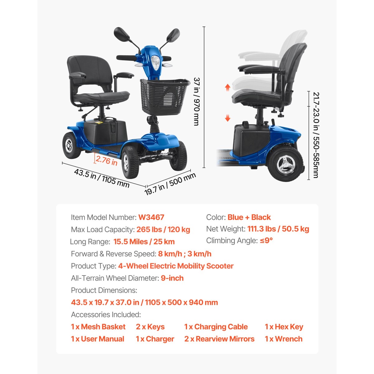 VEVOR 4-Wheel Folding Mobility Scooter για Ενήλικες & Ηλικιωμένους, Electric Mobility Scooter με 25KM Long Ran, Αναπηρικό αμαξίδιο ταξιδιού με αντιολισθητικούς τροχούς, ικανότητα αναρρίχησης 9° & φόρτωση 120kg
