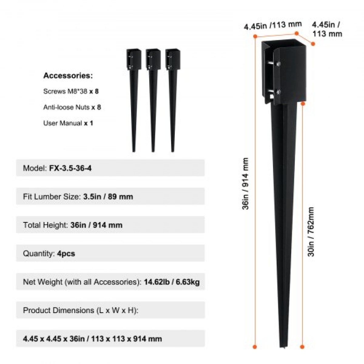 VEVOR Fence Post Anchor Ground Spike, 4 πακέτο 36 x 4 x 4 ίντσες εξωτερική διάμετρος (εσωτερική διάμετρος 3,5 x 3,5 ίντσες), μεταλλική μαύρη σκόνη με επίστρωση πάσσαλου, για κιγκλίδωμα κήπου κατάστρωμα γραμματοκιβωτίου