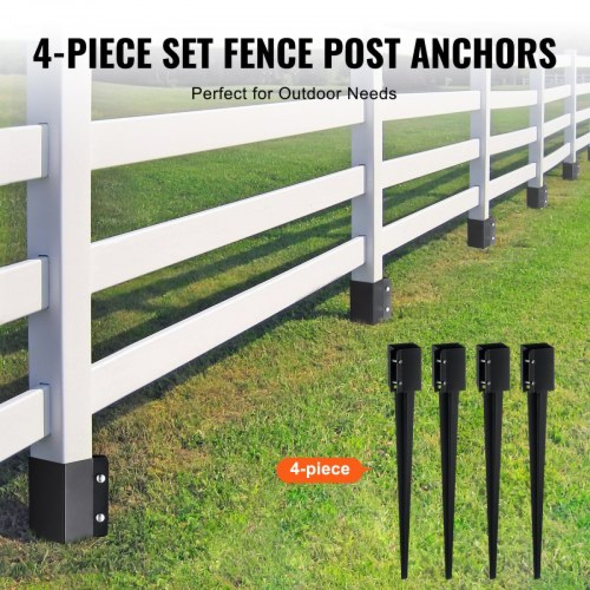 VEVOR Fence Post Anchor Ground Spike, 4 πακέτο 36 x 4 x 4 ίντσες εξωτερική διάμετρος (εσωτερική διάμετρος 3,5 x 3,5 ίντσες), μεταλλική μαύρη σκόνη με επίστρωση πάσσαλου, για κιγκλίδωμα κήπου κατάστρωμα γραμματοκιβωτίου