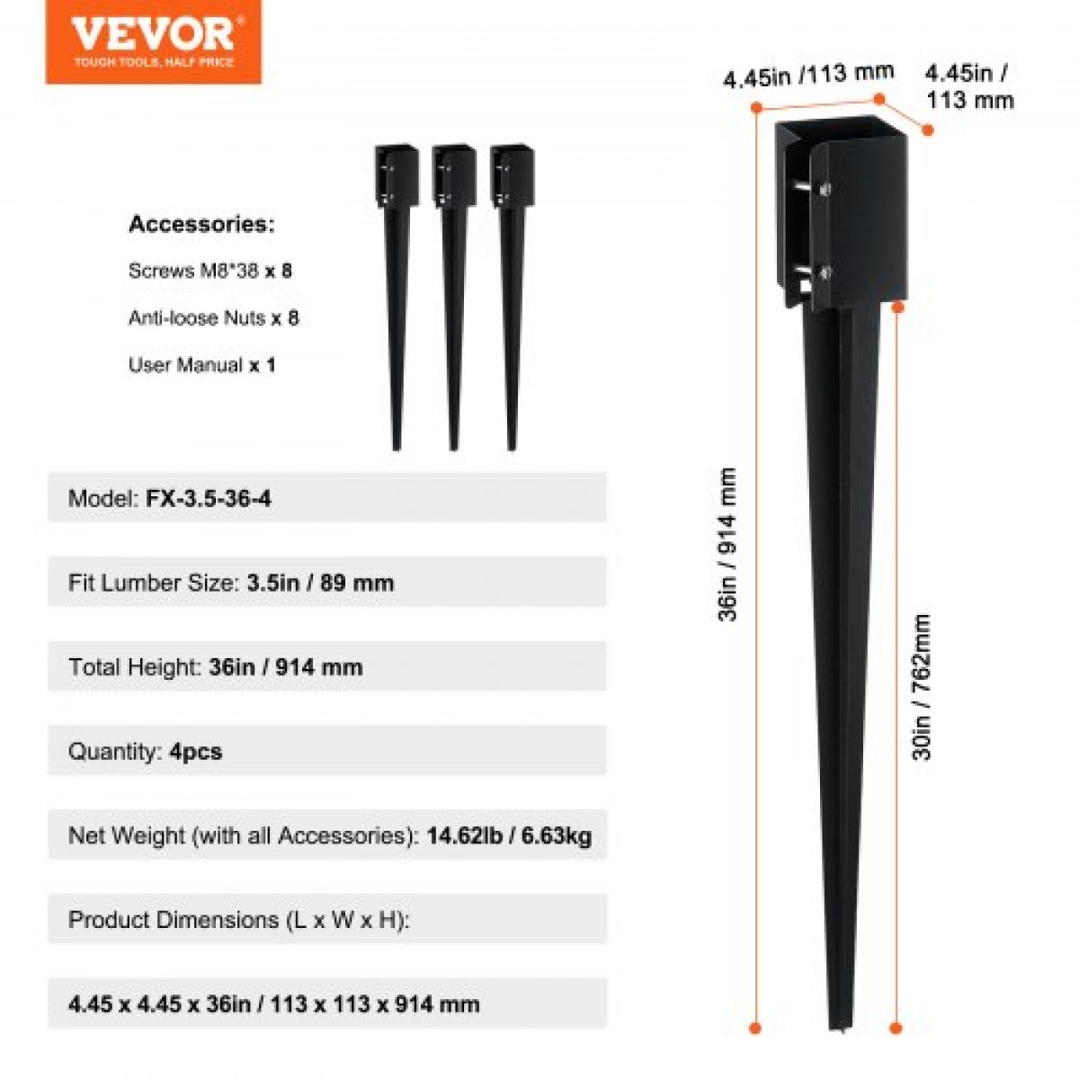 VEVOR Fence Post Anchor Ground Spike, 4 πακέτο 36 x 4 x 4 ίντσες εξωτερική διάμετρος (εσωτερική διάμετρος 3,5 x 3,5 ίντσες), μεταλλική μαύρη σκόνη με επίστρωση πάσσαλου, για κιγκλίδωμα κήπου κατάστρωμα γραμματοκιβωτίου