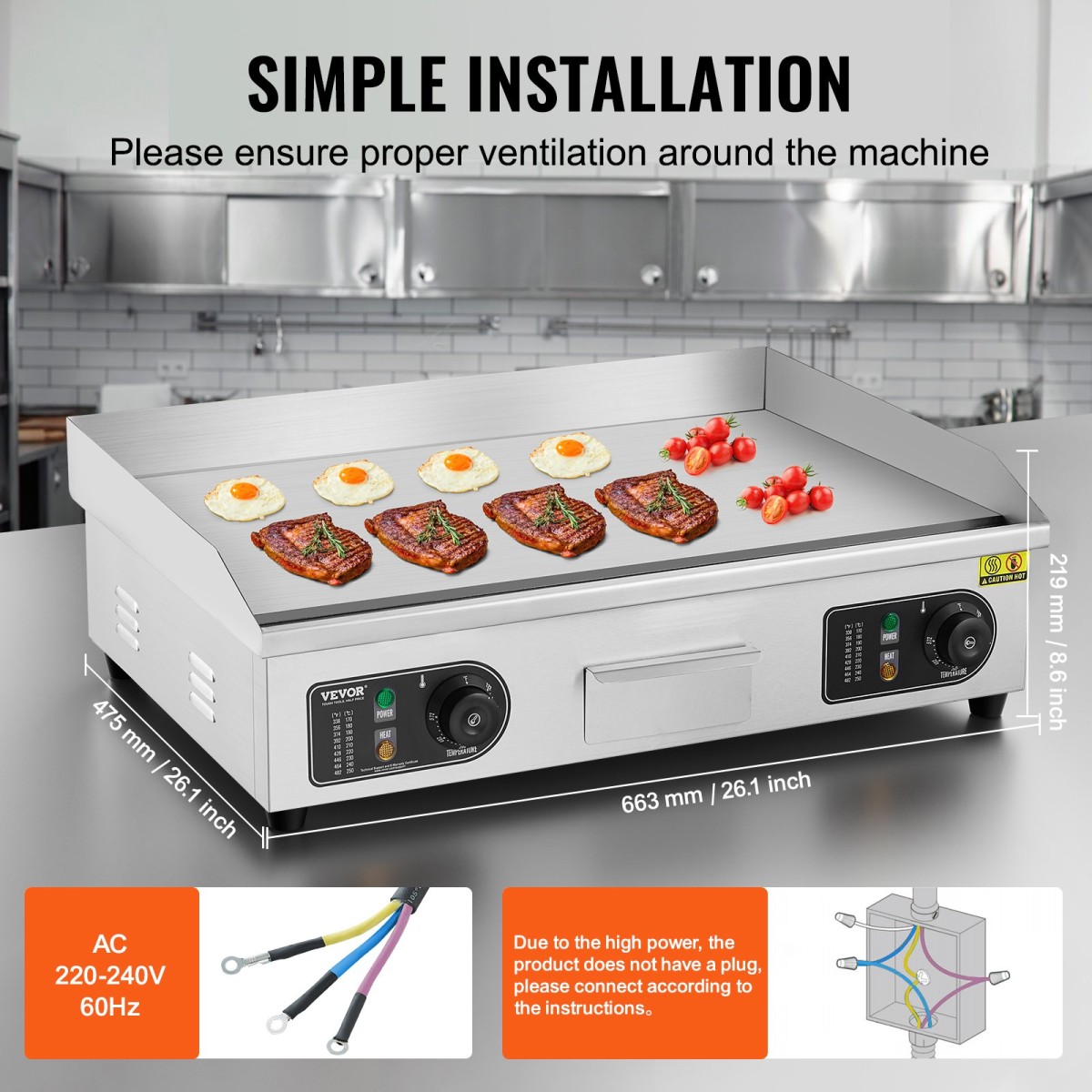 Εμπορική ηλεκτρική σχάρα VEVOR, 655 x 400 mm, 4000W, Ρυθμιζόμενος έλεγχος θερμοκρασίας 50-300°C, Επίπεδη ψησταριά από ανοξείδωτο ατσάλι με 2 σπάτουλες, 2 βούρτσες και 4 μαξιλαράκια ποδιών, για μπριζόλα (ΧΩΡΙΣ ΒΙΣΜΑ)