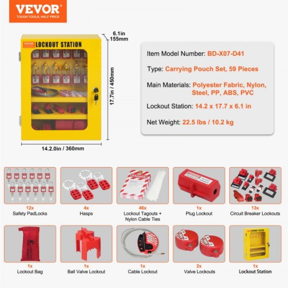 VEVOR Electrical Lockout Tagout Kit, 59 PCS Safety Lockout Σταθμός Tagout με λουκέτα, βύσματα, ετικέτες, δέσιμο, κλείδωμα βύσματος, κλείδωμα διακόπτη, κλείδωμα βαλβίδων, κλείδωμα καλωδίου, τσάντα κλειδώματος, κουτί