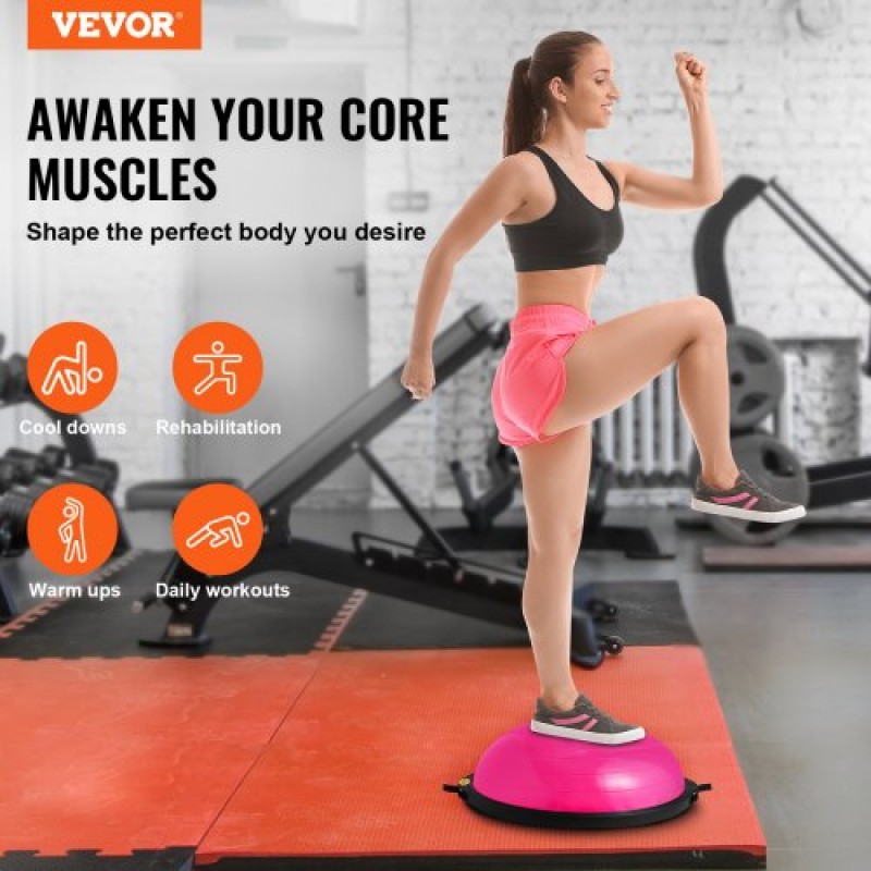 VEVOR Half Exercise Ball Trainer, 26 ιντσών Balance Ball Trainer, 1500lbs Capacity Stability Ball, Yoga Ball with Resistance Bands & Foot Pump, Strength Fitness Ball for Home Gym Workout Full Body, Ροζ