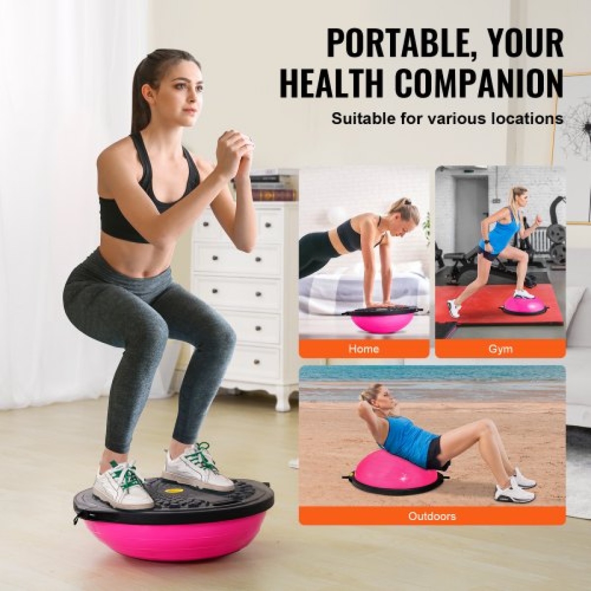 VEVOR Half Exercise Ball Trainer, 26 ιντσών Balance Ball Trainer, 1500lbs Capacity Stability Ball, Yoga Ball with Resistance Bands & Foot Pump, Strength Fitness Ball for Home Gym Workout Full Body, Ροζ