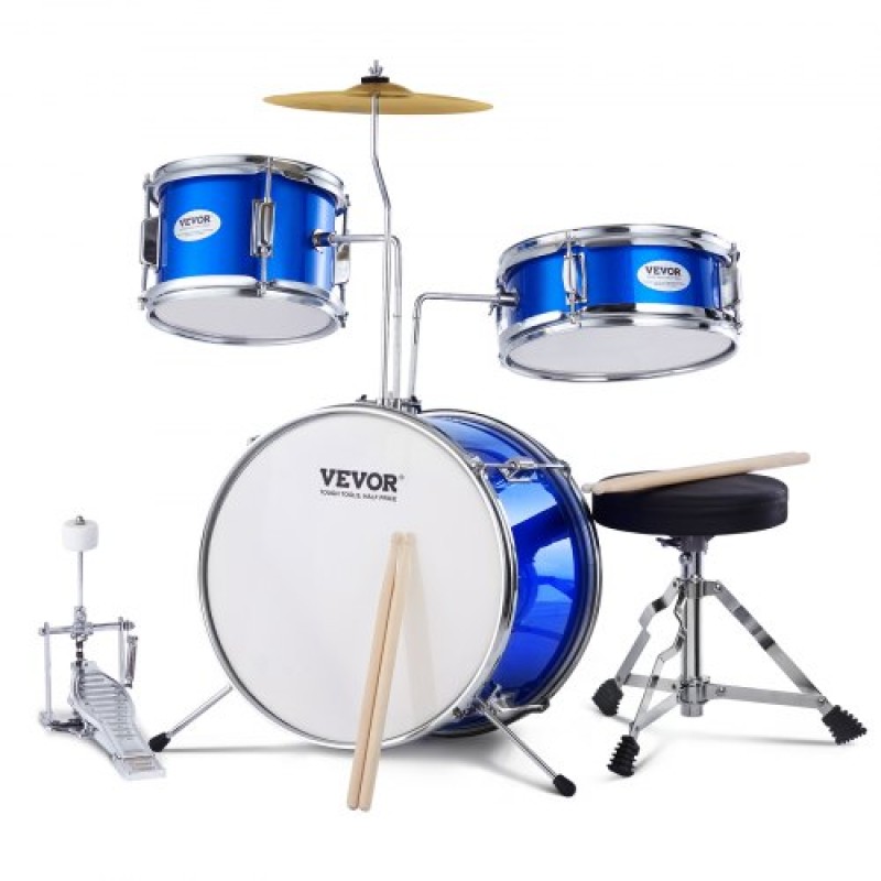 VEVOR Kids Drum Set, 3-Pece, 14 in Beginner Drum set with Adjustable Throne Cymbal Pedal Two Pair of Drumsticks, 8" Tom Drum 10" Snare Drum 14" Bass Drum, Starter Drum Kit for Child Kids, Μπλε