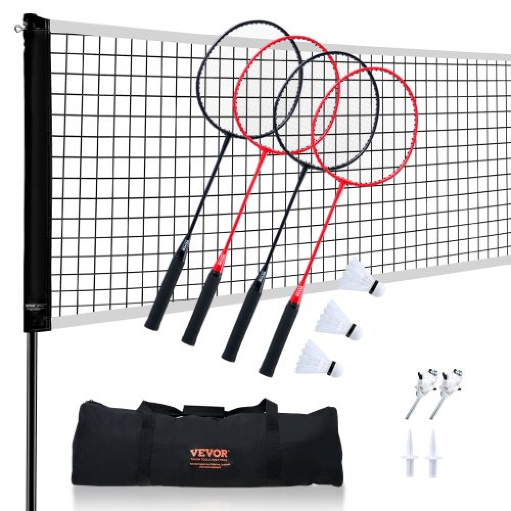VEVOR Badminton Net Set, Outdoor Backyard Beach Park Badminton Net, Portable Badminton Equipment Set, Adults Kids Badminton Net with Poles, Carrying Bag, 4 Iron Rackets, and 3 Nylon Shuttlecocks