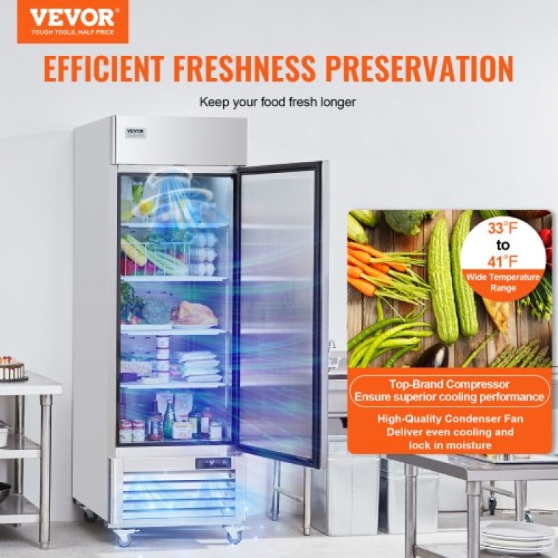 Επαγγελματικό Ψυγείο VEVOR 20,12 Cu.ft, Reach In όρθιο Ψυγείο μονή πόρτα, αυτόματη απόψυξη ανοξείδωτο ψυγείο με 3 ράφια, έλεγχο θερμοκρασίας 28,4 έως 46,4 ° F και 4 τροχούς