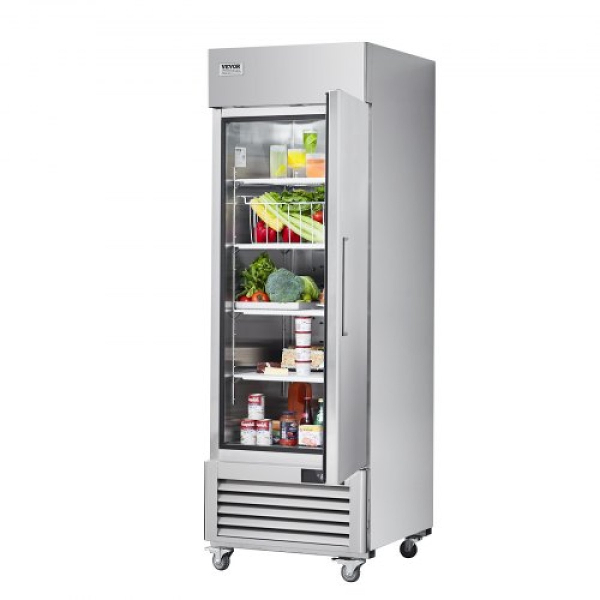 Επαγγελματικό Ψυγείο VEVOR 20,12 Cu.ft, Reach In όρθιο Ψυγείο μονή πόρτα, αυτόματη απόψυξη ανοξείδωτο ψυγείο με 3 ράφια, έλεγχο θερμοκρασίας 28,4 έως 46,4 ° F και 4 τροχούς