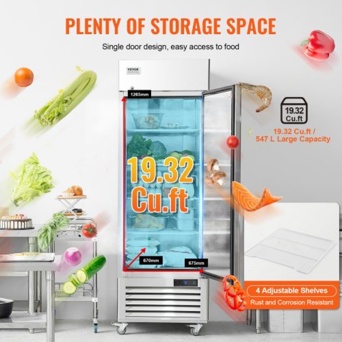 Επαγγελματικό Ψυγείο VEVOR 20,12 Cu.ft, Reach In όρθιο Ψυγείο μονή πόρτα, αυτόματη απόψυξη ανοξείδωτο ψυγείο με 3 ράφια, έλεγχο θερμοκρασίας 28,4 έως 46,4 ° F και 4 τροχούς