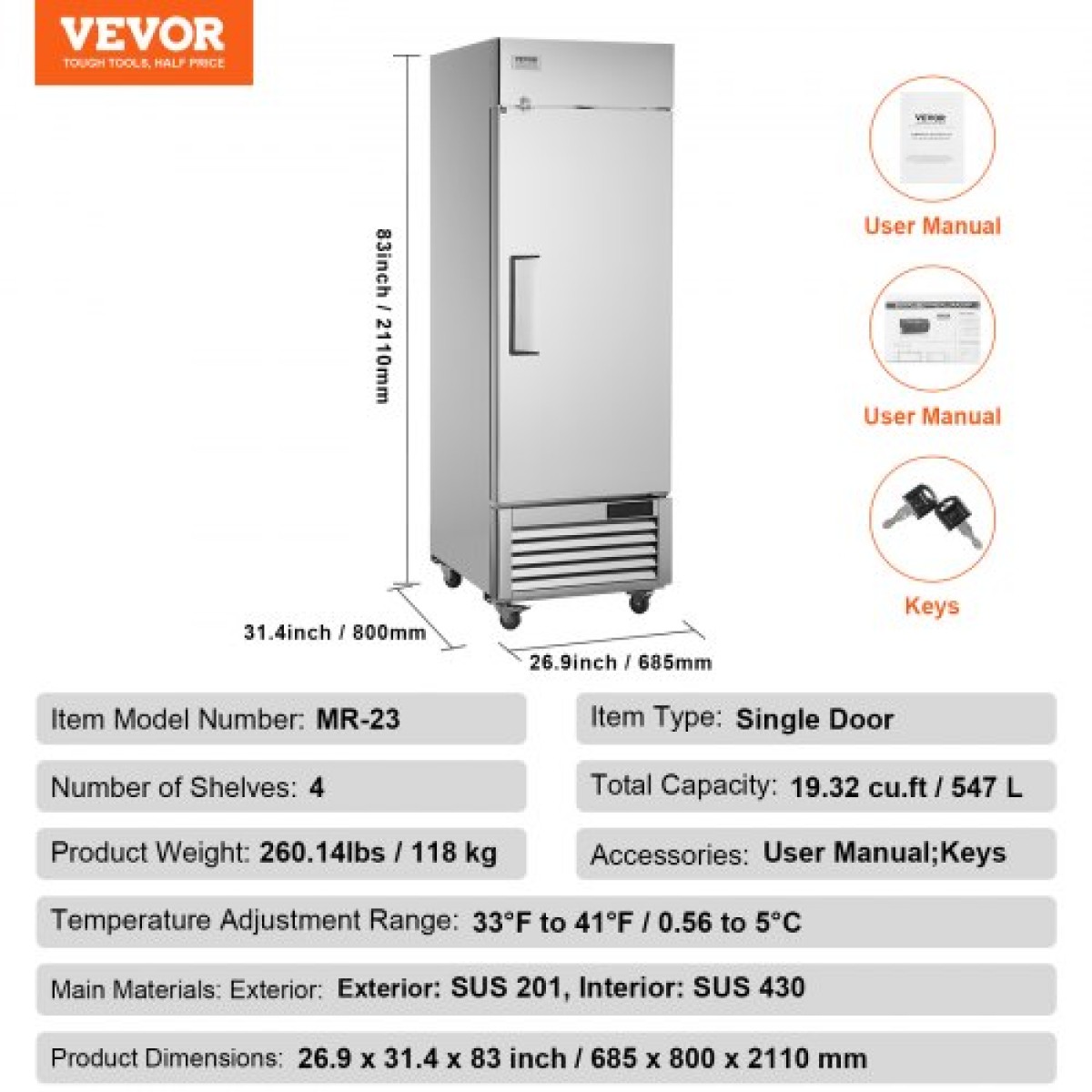 Επαγγελματικό Ψυγείο VEVOR 20,12 Cu.ft, Reach In όρθιο Ψυγείο μονή πόρτα, αυτόματη απόψυξη ανοξείδωτο ψυγείο με 3 ράφια, έλεγχο θερμοκρασίας 28,4 έως 46,4 ° F και 4 τροχούς