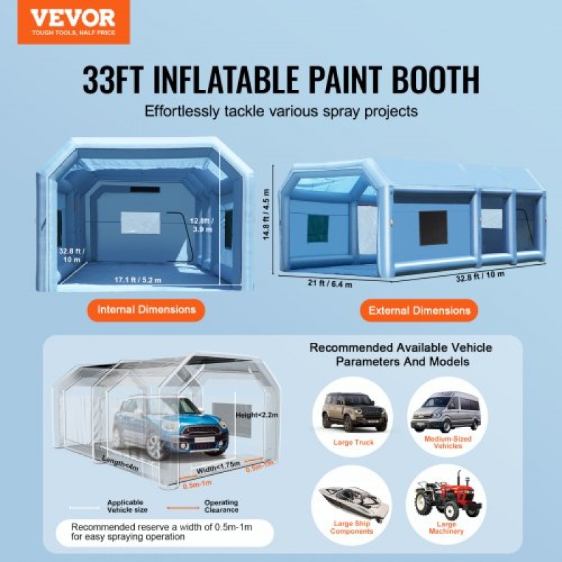 Φουσκωτός θάλαμος βαφής VEVOR, 32,8 x 21 x 14,8 ft/10 x 6,4 x 4,5 m Φουσκωτός θάλαμος ψεκασμού, με ισχυρούς φυσητήρες 1100W+750W και σύστημα φίλτρου αέρα, φορητός θάλαμος βαφής αυτοκινήτου για μεγάλα φορτηγά, μεγάλα φορτηγά μηχανημάτων, Large