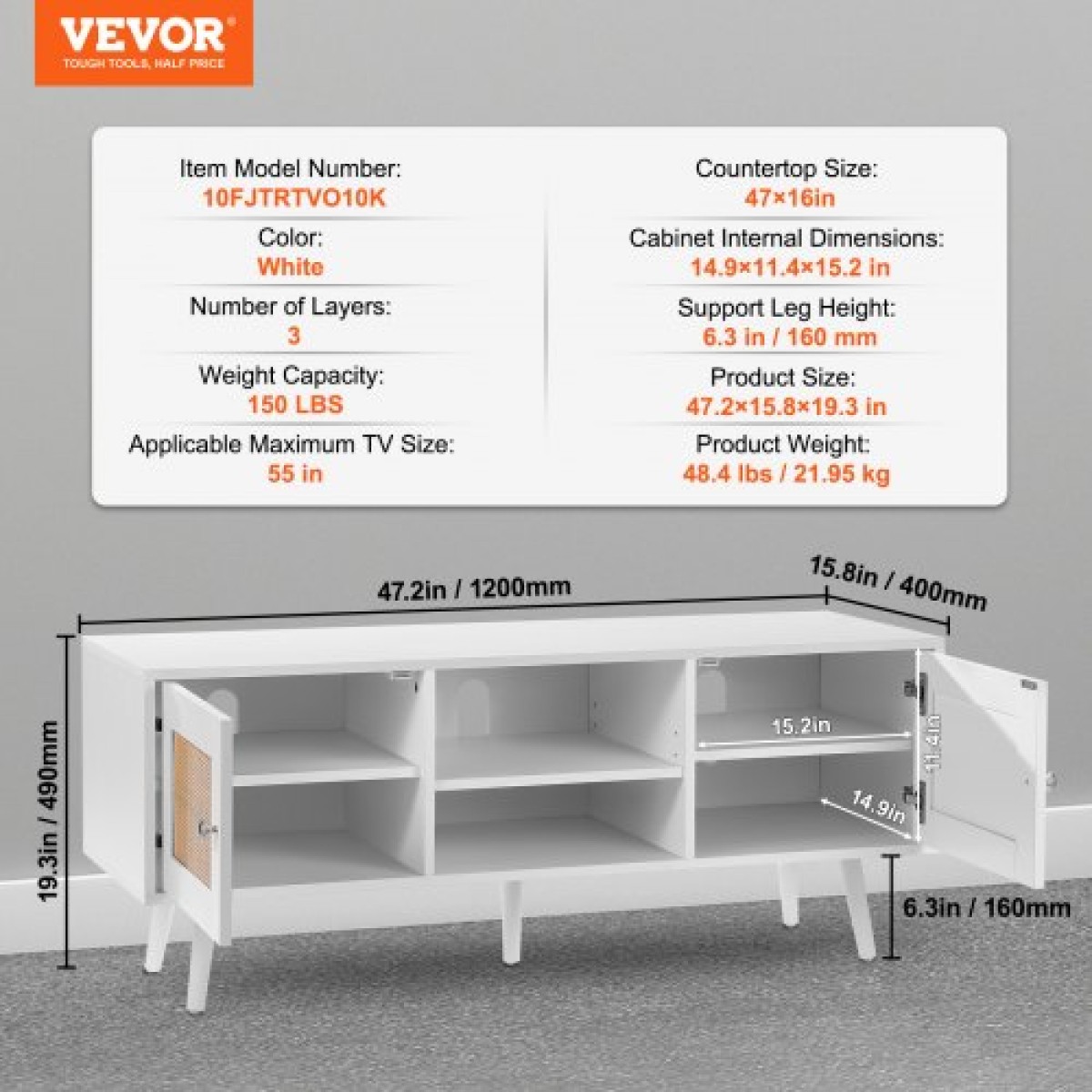 Βάση τηλεόρασης VEVOR Rattan, Ντουλάπι τηλεόρασης Boho για τηλεόραση 55 ιντσών, μοντέρνα βάση τηλεόρασης Mid Century, Κονσόλα τηλεόρασης Rattan με ρυθμιζόμενα ράφια για το σαλόνι, Media Room, Λευκό